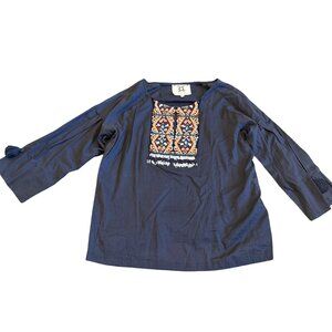 Figue Beaded Neck Tunic Top Blouse Shirt Cropped Sleeves 100% Cotton Size Medium